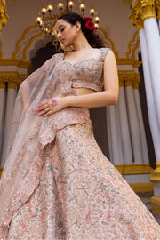 Coral Peach Raw Silk & Organza Bridal Lehenga